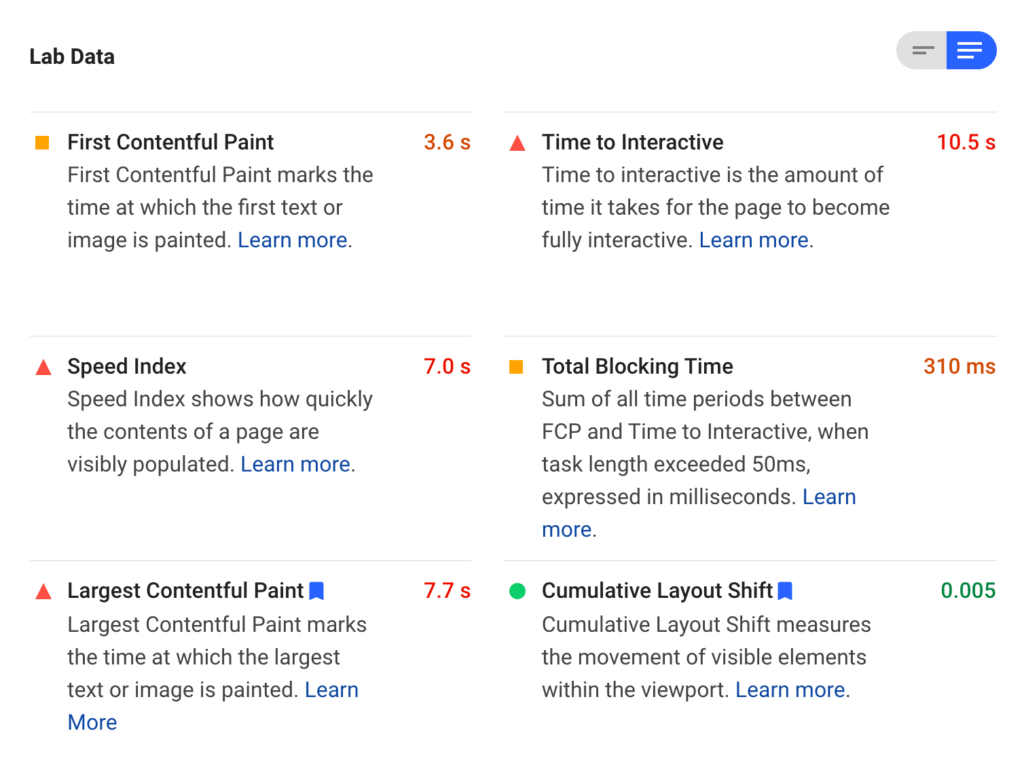 google pagespeed lab data