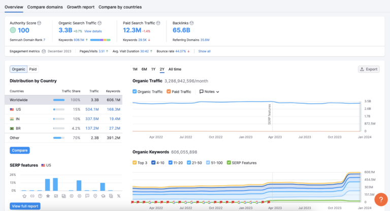 website overview by Semrush