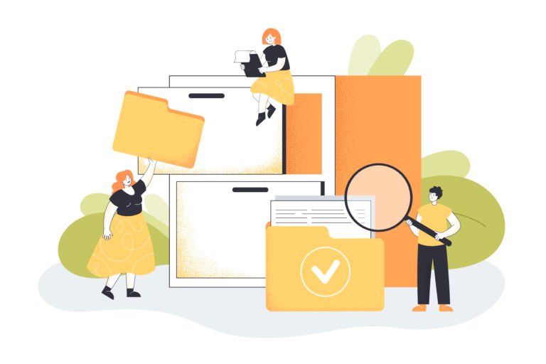 Workers organizing data storage flat vector illustration